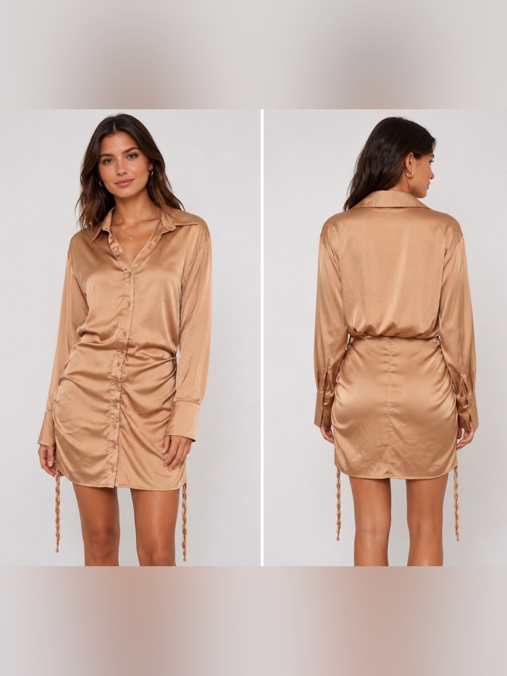 Mable Champagne or Tan Satin Button Front Shirt Dress Ruching M Medium